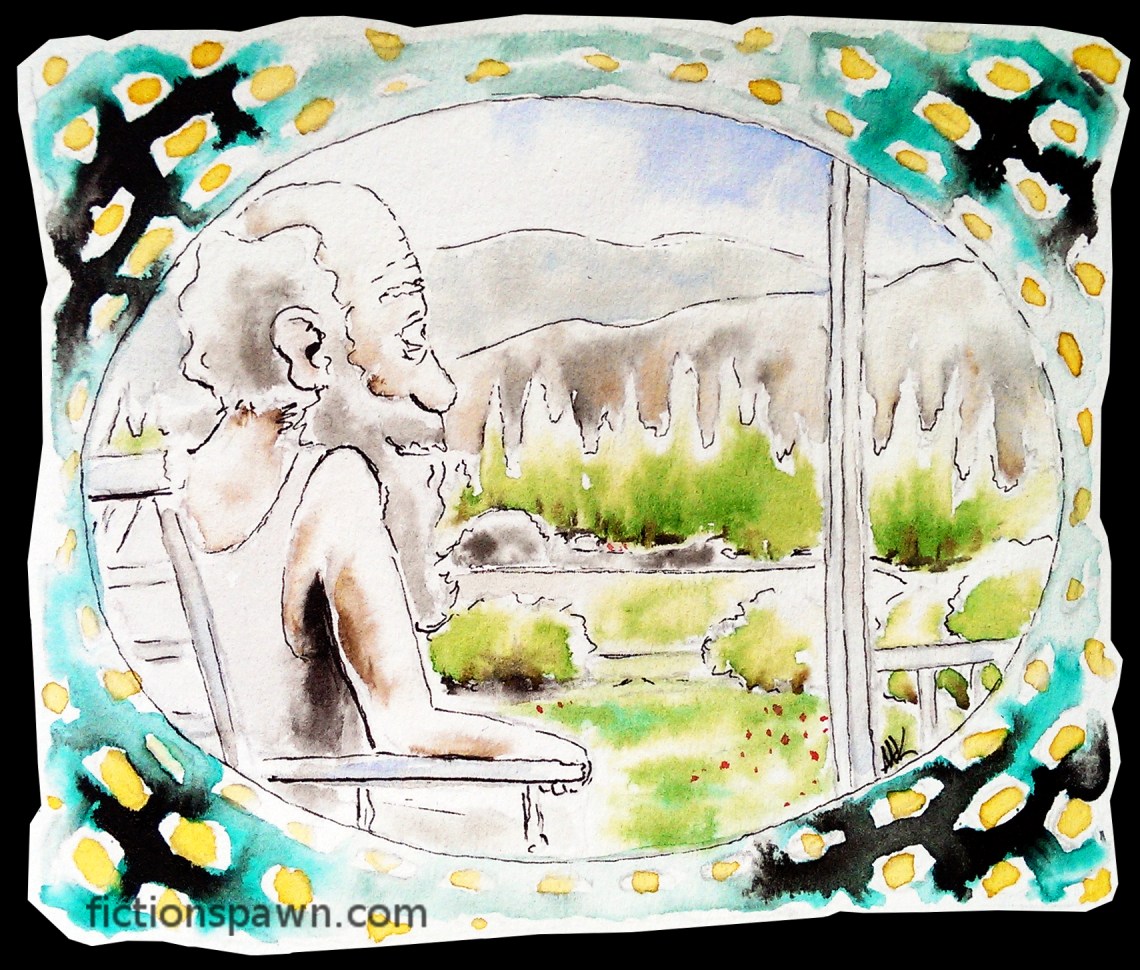 Old man on the balcony. Landscape. Aak fictionspawn