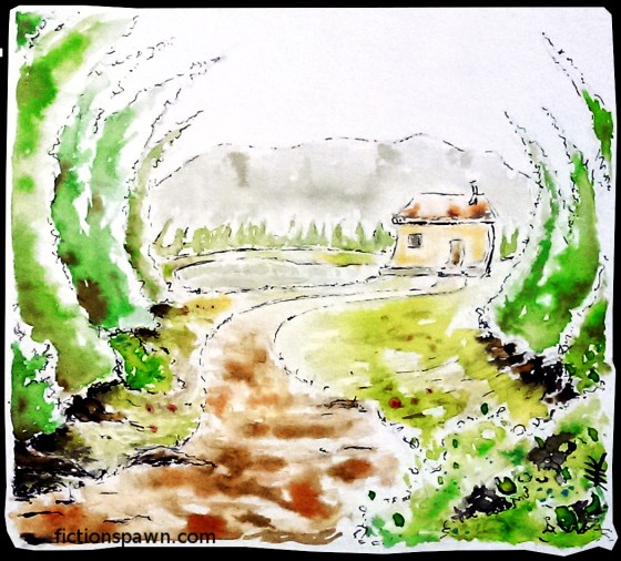 Circular perspective. Landscape. Little house.