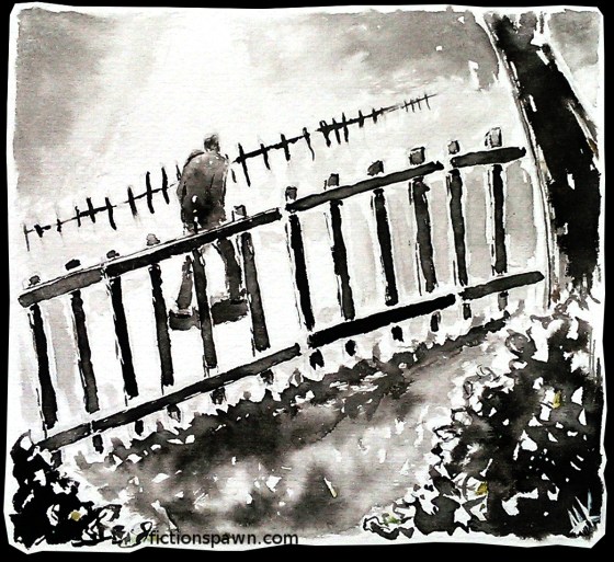 A man walking by a garden fence. Aak fictionspawn
