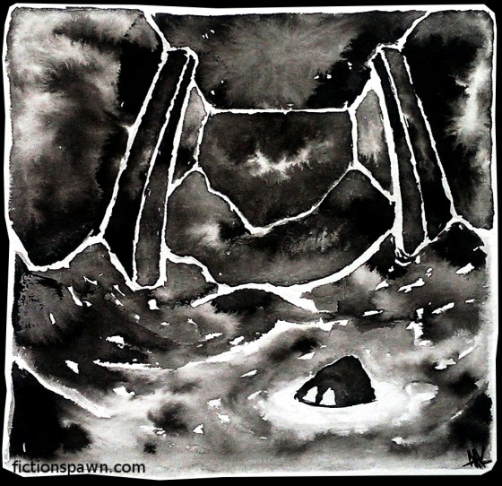 Creature in the sand. Ancient hall. Monster