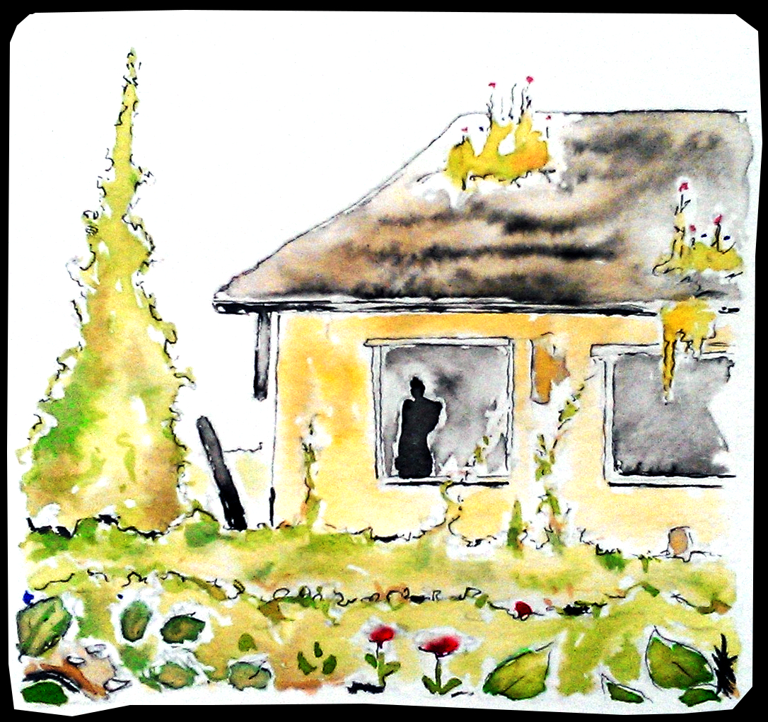 A worn, overgrown house. 