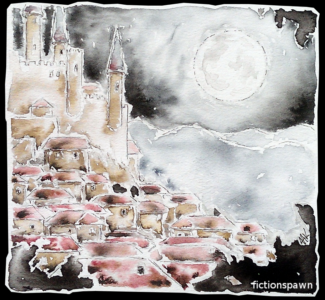 A full moon over a middle age town. Castle. Aak fictionspawn