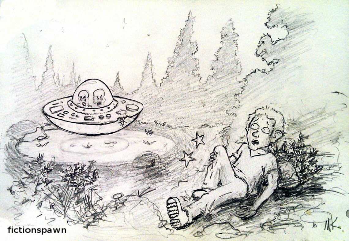 Aline spacecraft in the forest. Man. Aak fictionspawn