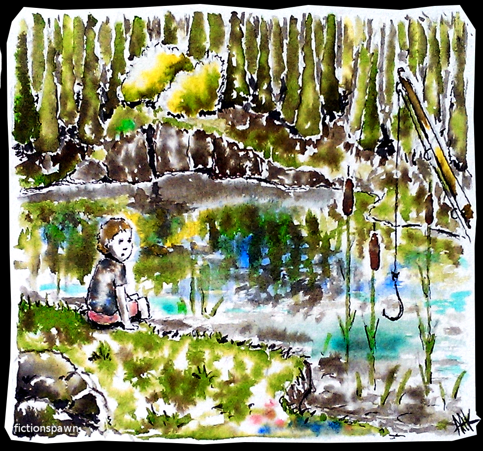 A boy by the lake. Fishing rod.