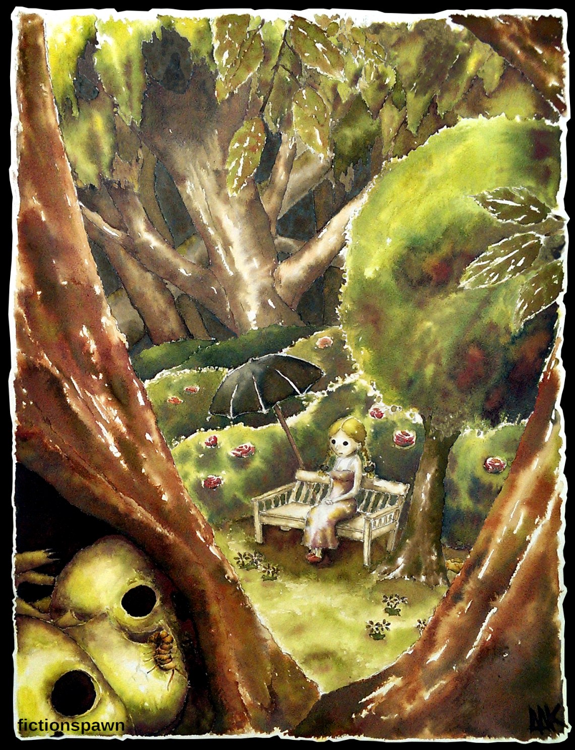 Skulls in the forest. A girl. Aak fictionspawn.